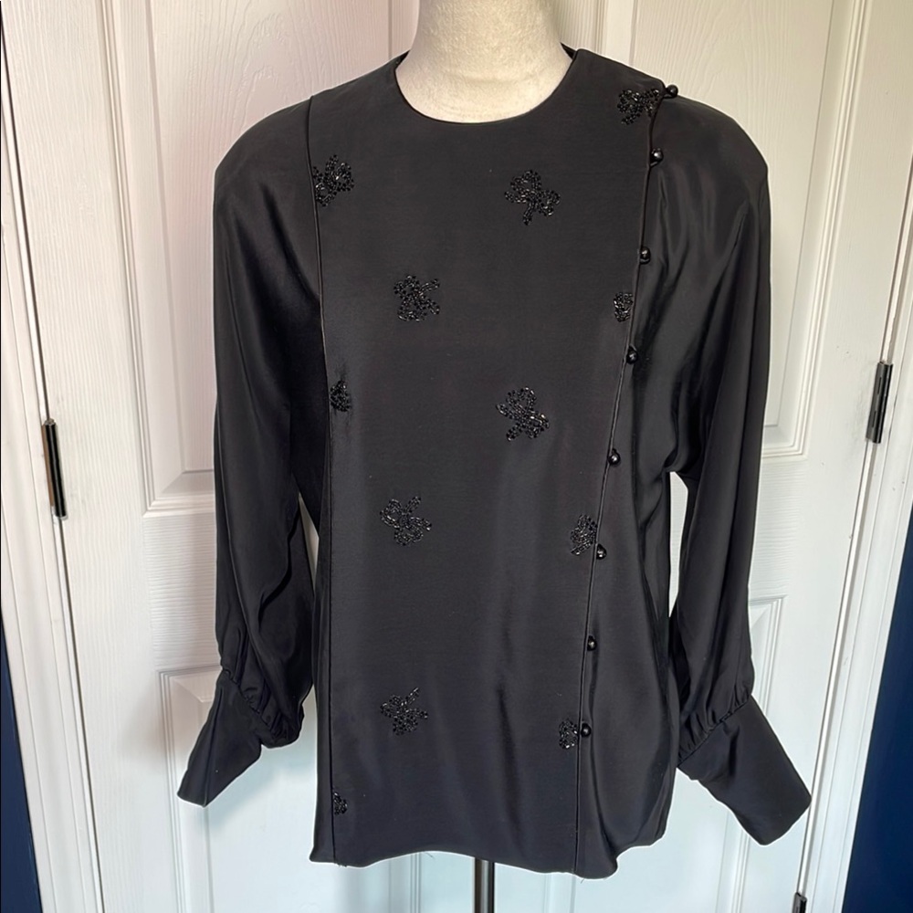 Vintage Adrianna Papell Black 100% Silk Beaded Bow Pattern Size 6